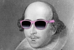 A black and white image of Shakespeare wearing pink sunglasses